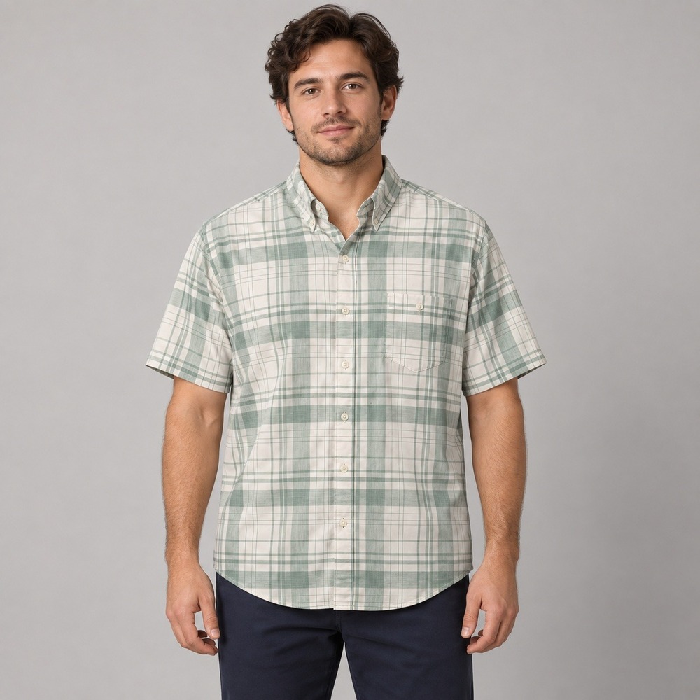 Weatherproof Vintage Mens XL Green White Plaid Performance Short Sleeve Shirt
